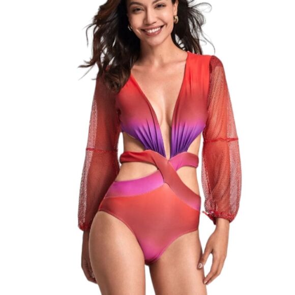 Onek‎ Ombre Cutout Sleeved One Piece Swimsuit Size Medium - Picture 2 of 11